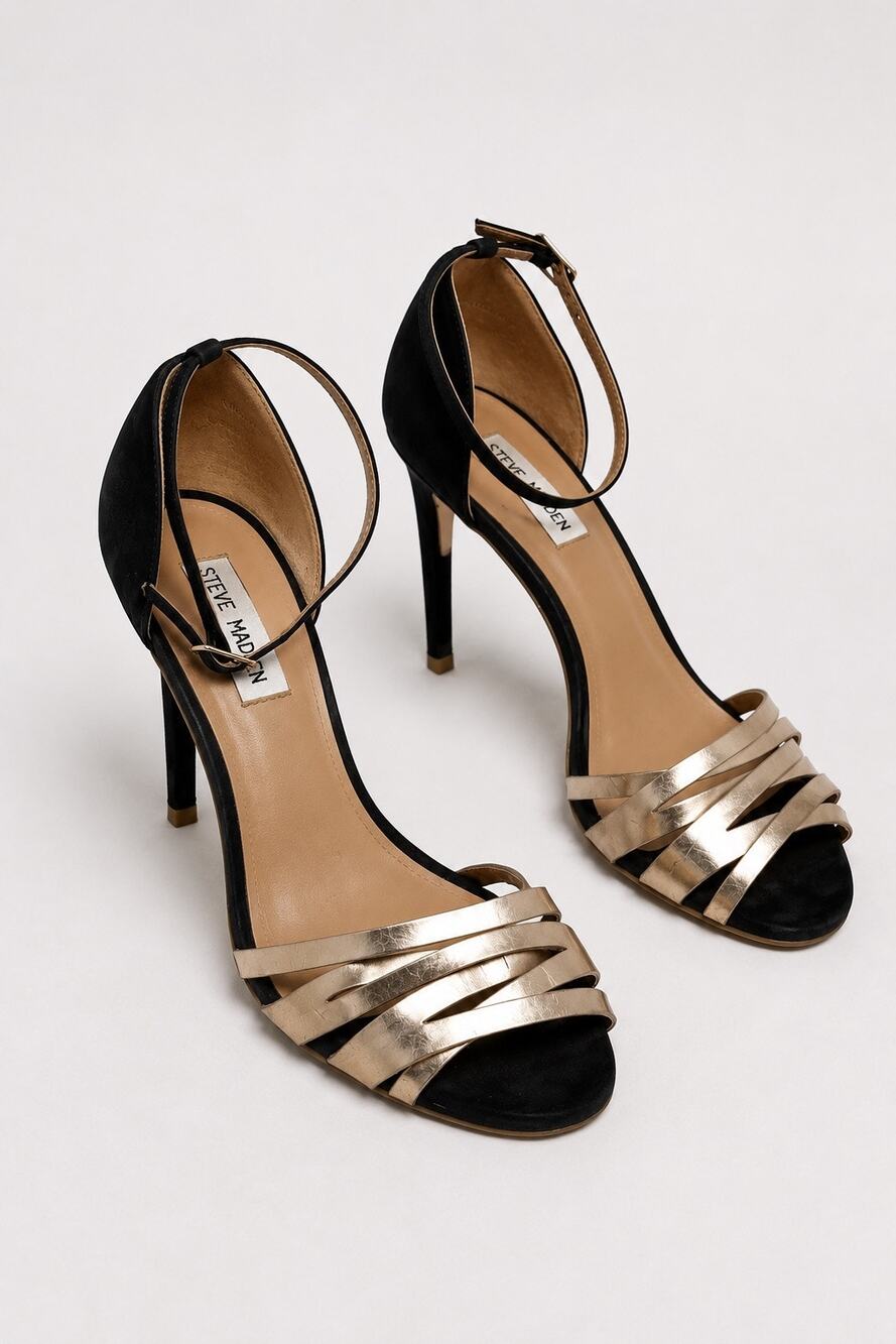 Steve Madden CINDRELLA Metallic Strappy Heels – Black & Gold Leather | Size 9M